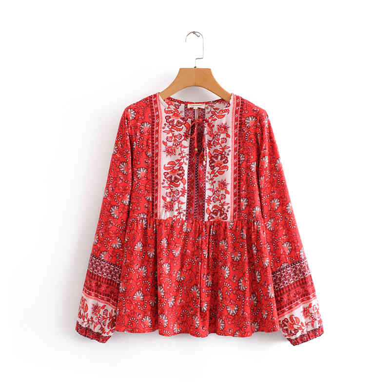 Chu Sau beauty Boho Floral Print Blouses Women Holiday Style Fashion Long Sleeve Shirts Female Camisa De Moda 210508