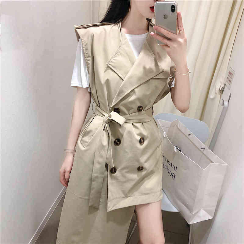 Spring Trench Coat Pattern Lapel Sleeveless Solid Double Breasted Asymmetrical Vest Women Free Belt 210506