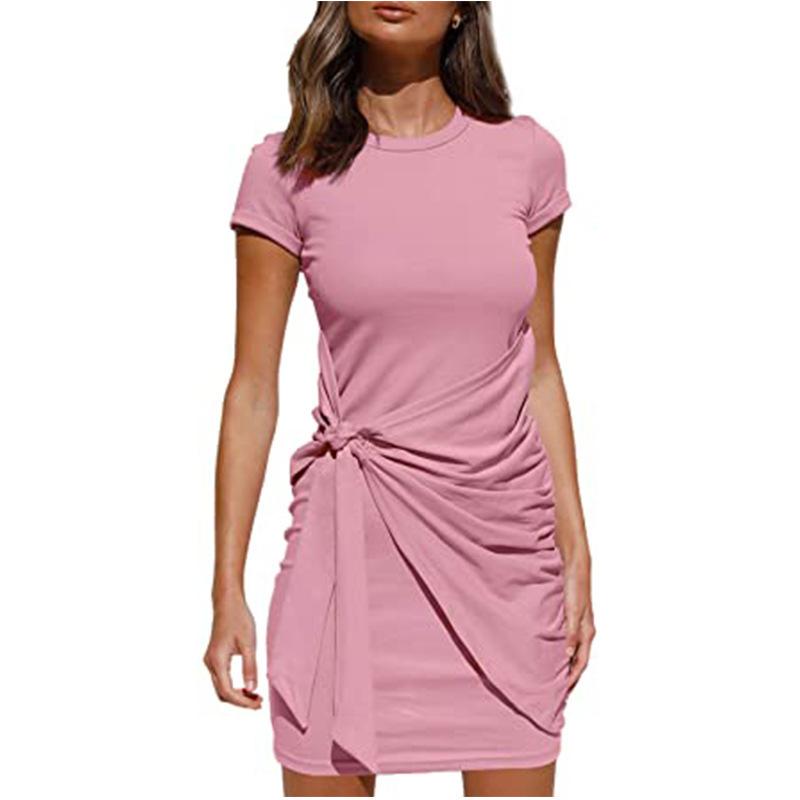 Office Ladies Knotted Ruched Irregular Dress Belt Tshirt Mini Pleated Cotton Short Dresses For Women Casual Outfit Femme Summer