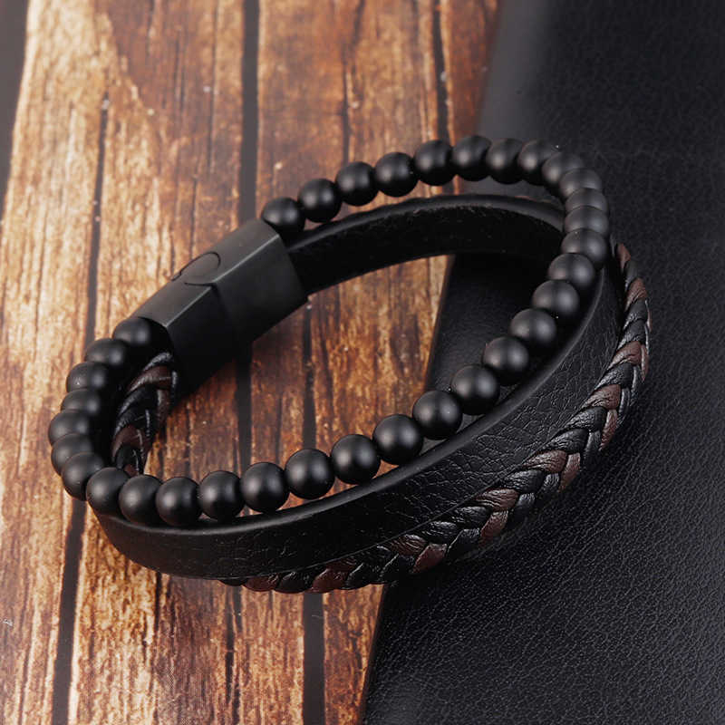 Fashion Natural stone Magnetic button leather braided bracelet men's steel jewelry Nice gift