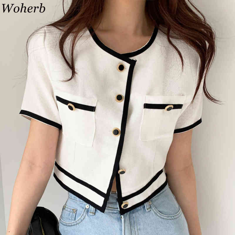 Women Jacket Chic Arrival Office Lady Korean Clothes O-neck Single Breasted Coat Contrast Color Thin Short Tops 92992 210519