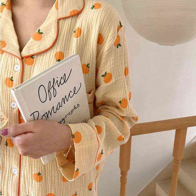 Cotton Home Suits Korean Sleepwear Orange Print Pajamas for Women Autumn Pijama Pyjamas Long Sleeve 2 Piece Set Pjs Drop 211118