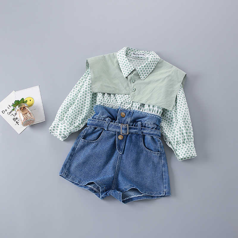2-7 Years High Quality Spring Girl Clothing Set Fashion Casual Dot Shirt + short Jeans Kid Children Girls 210615