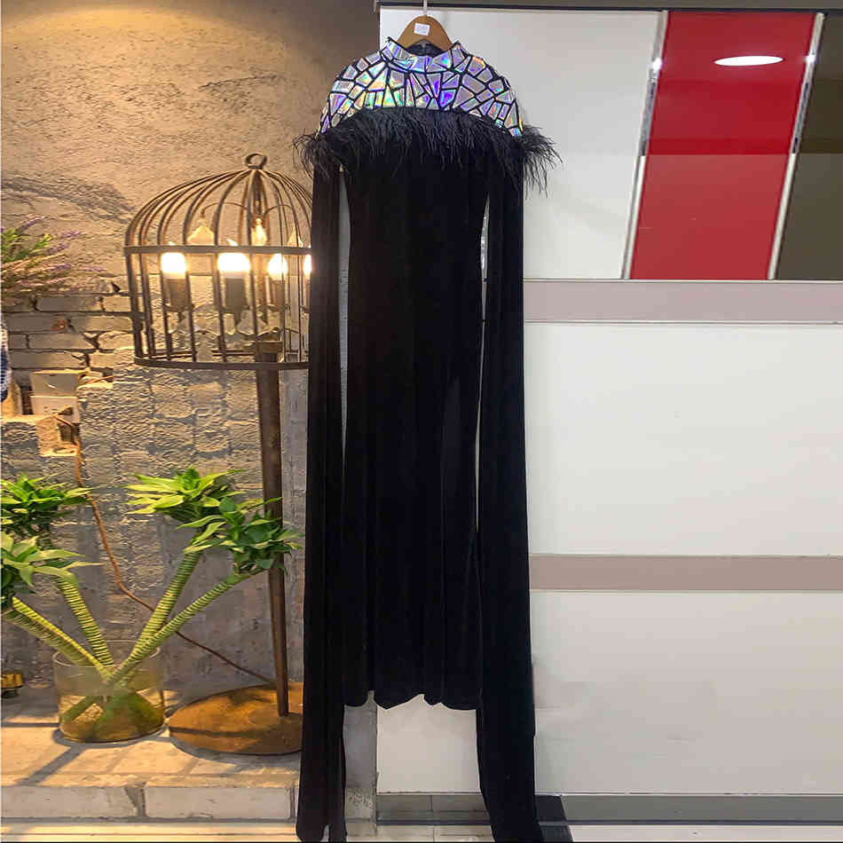 Ladies Celebrity Banquet Cocktail Party Dress Black Sequin Feather High Neck Long Sleeve Sexy 210525