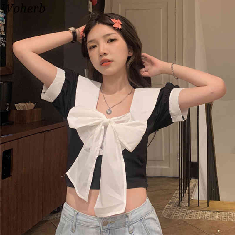 Summer Korean Women Blouses Crop Top Shirts Bow Bandage Elegant Tops Fashion Cute Blouse Kawaii Ladies Blusas Mujer 210519