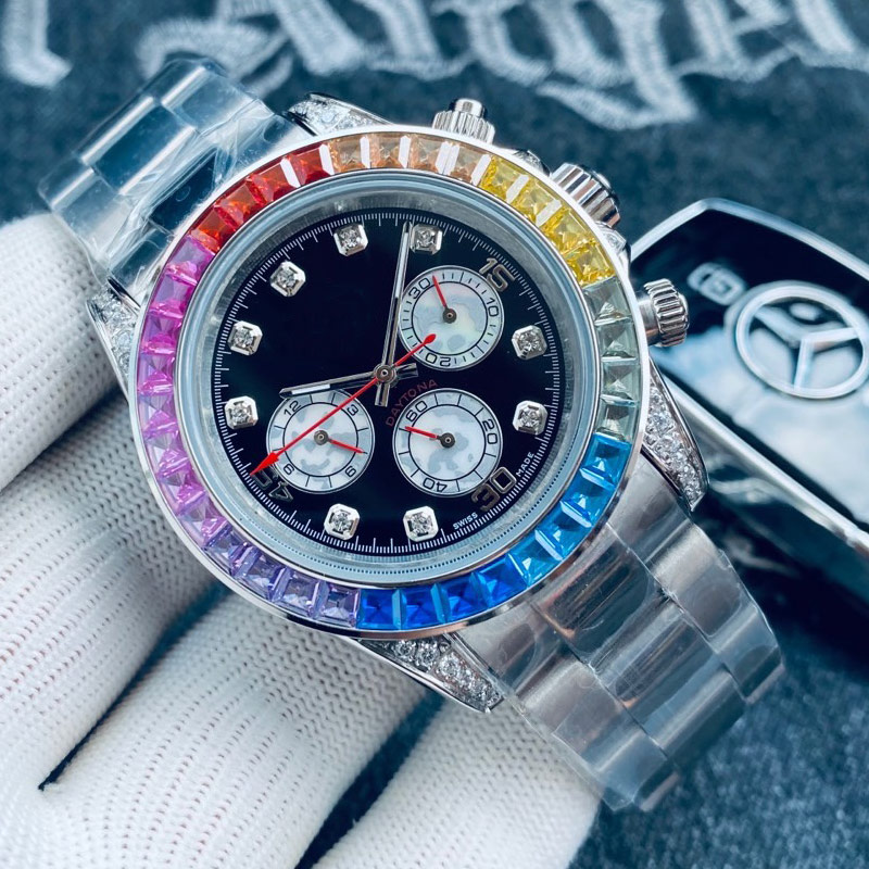 Diamond Mens Watch Rainbow Di Automatic Mechanical Watches Stainless Steel Strap Classic Three Eyes Six Needle Design Scratch Resistant Crystal Mirror Waterproof, Customize
Diamond Mens Watch Rainbow Di Automatic Mechanical Watches Stainless Steel Strap Classic Three Eyes Six Needle Design Scratch Resistant Crystal Mirror Waterproof, Customize