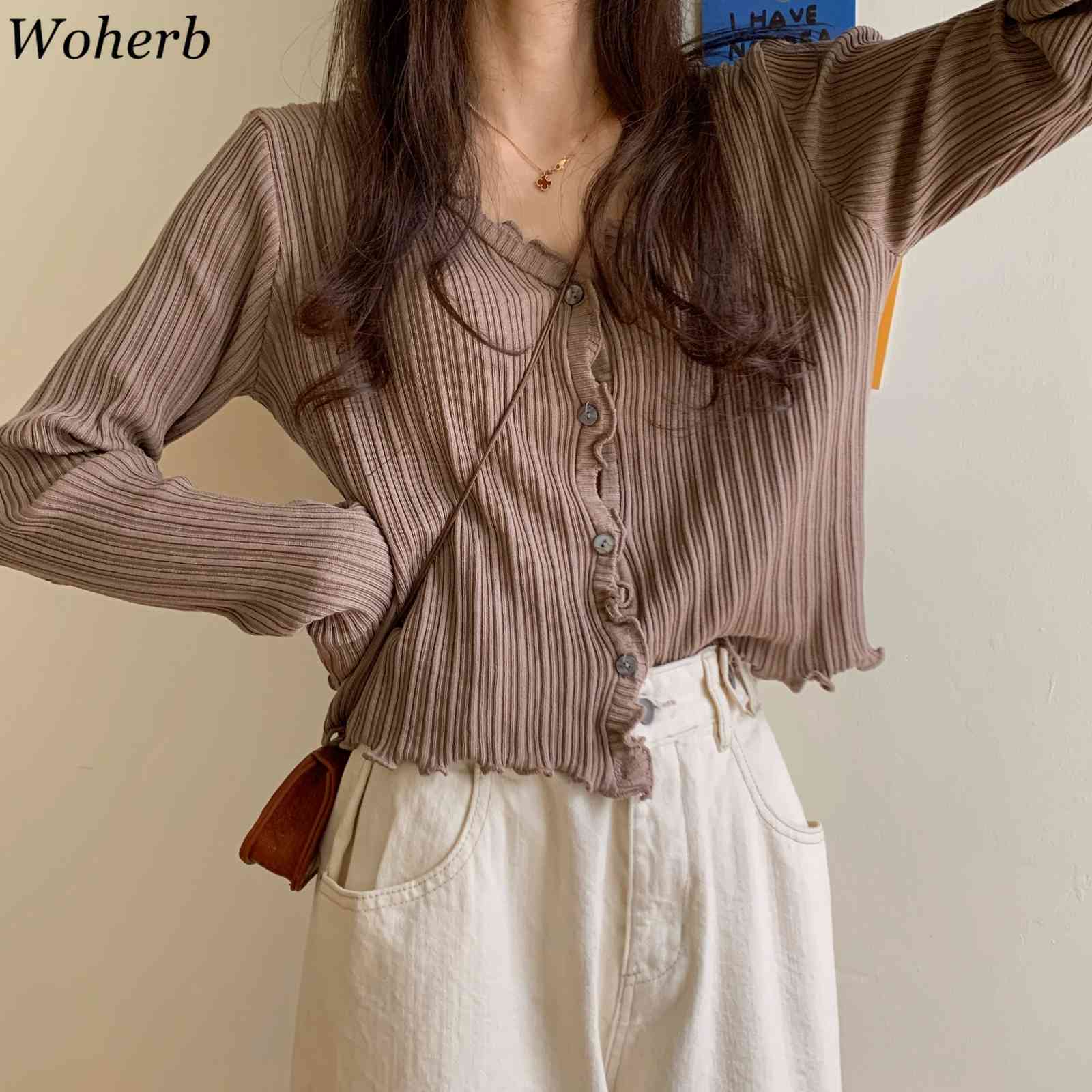 Casual Women Spring Autumn Thin Cardigan Solid Sweet Ruffle Korean Crop Kardigan Lady Chic Sweaters Pull Femme 210519