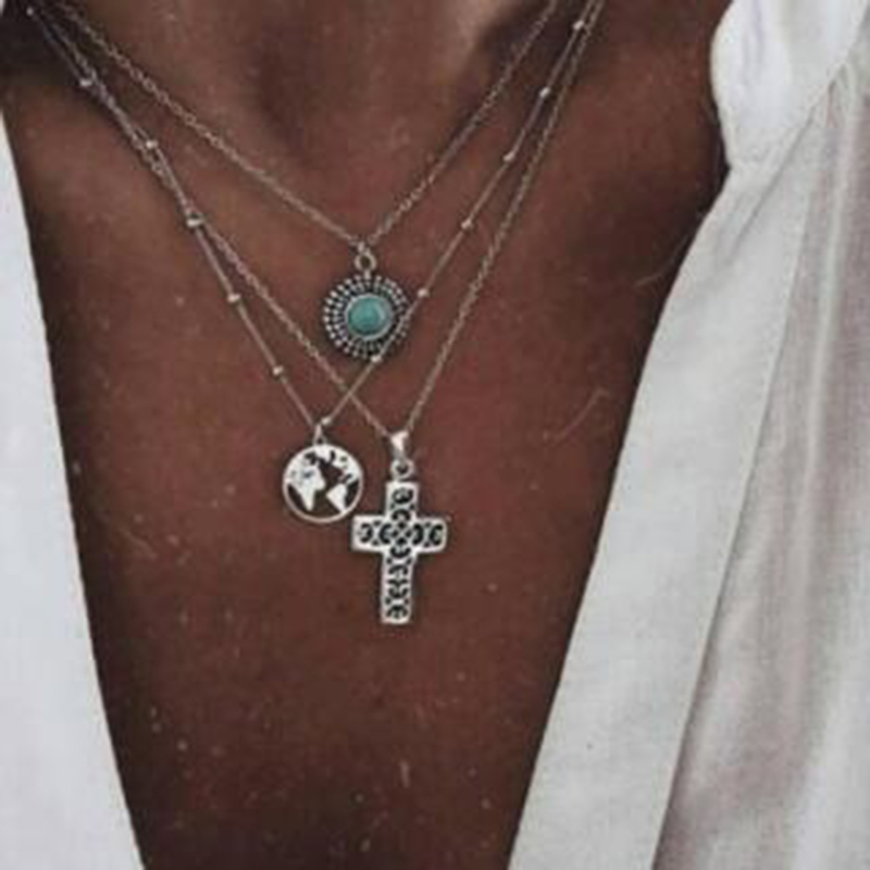 Fashion Turquoise Cross Pendant Necklaces For Women Silver Plated Choker Necklace Link Chain Jewelry Girlfriend Gift