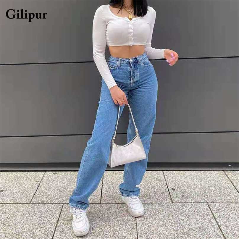Jeans Women Fashion Mom Jeans Straight Leg Pants Washed Blue Casual Long Denim Trousers High Waist Jeans Streetwear 211112