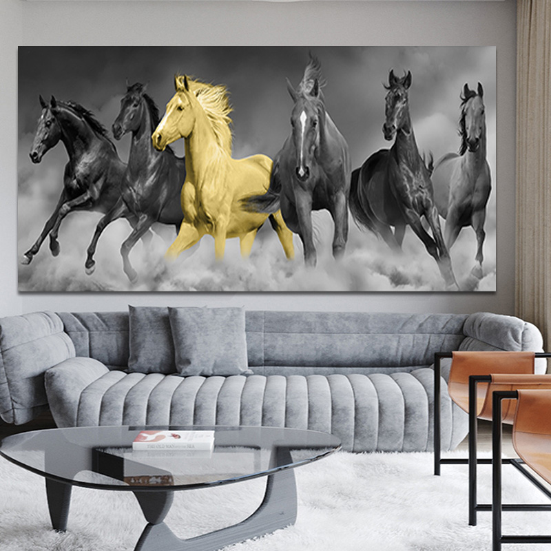 Modern Black and White Horse Running Picture Wall Art Painting Living Room Canvas Print Animal Decorative Poster Print Big Size