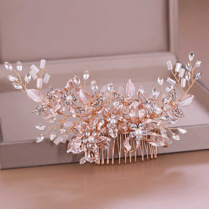 Trendy Rose gold Wedding Hair Combs Accessories for Bridal Crystal Headpiece ornaments Jewelry 210707