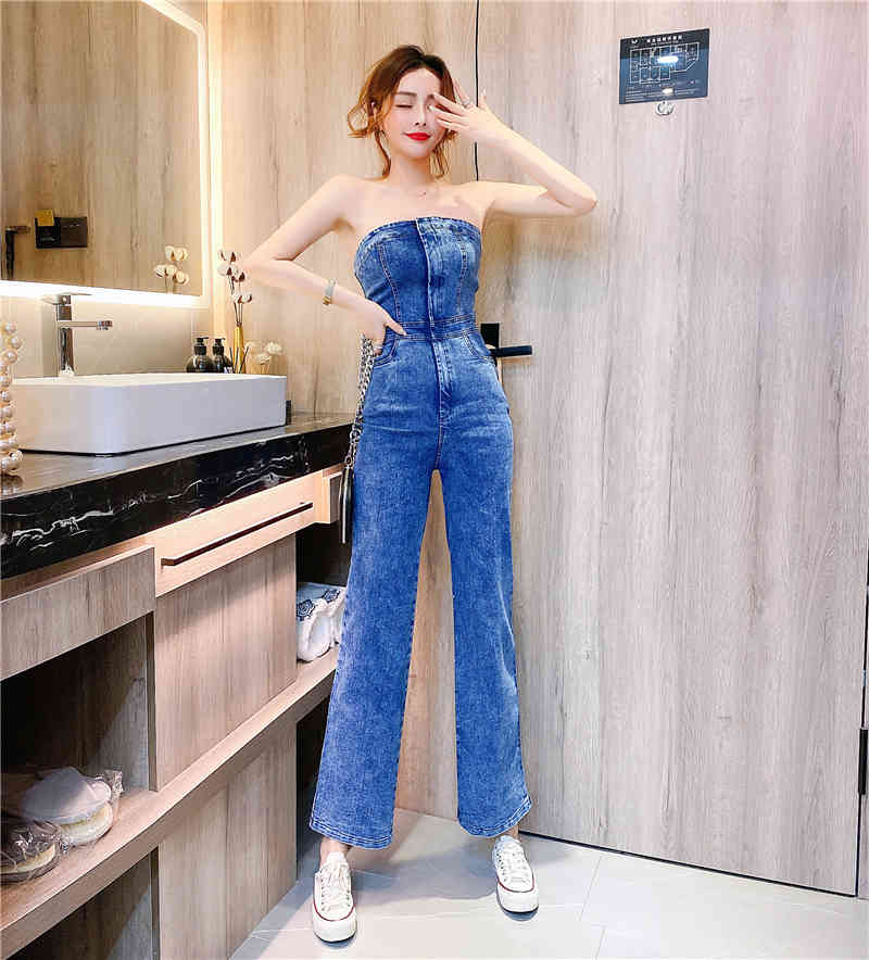 Summer Women Sexy Strapless Denim Jumpsuits Chic Retro Backless Sleeveless Streetwear High Waist Slim Rompers 210519