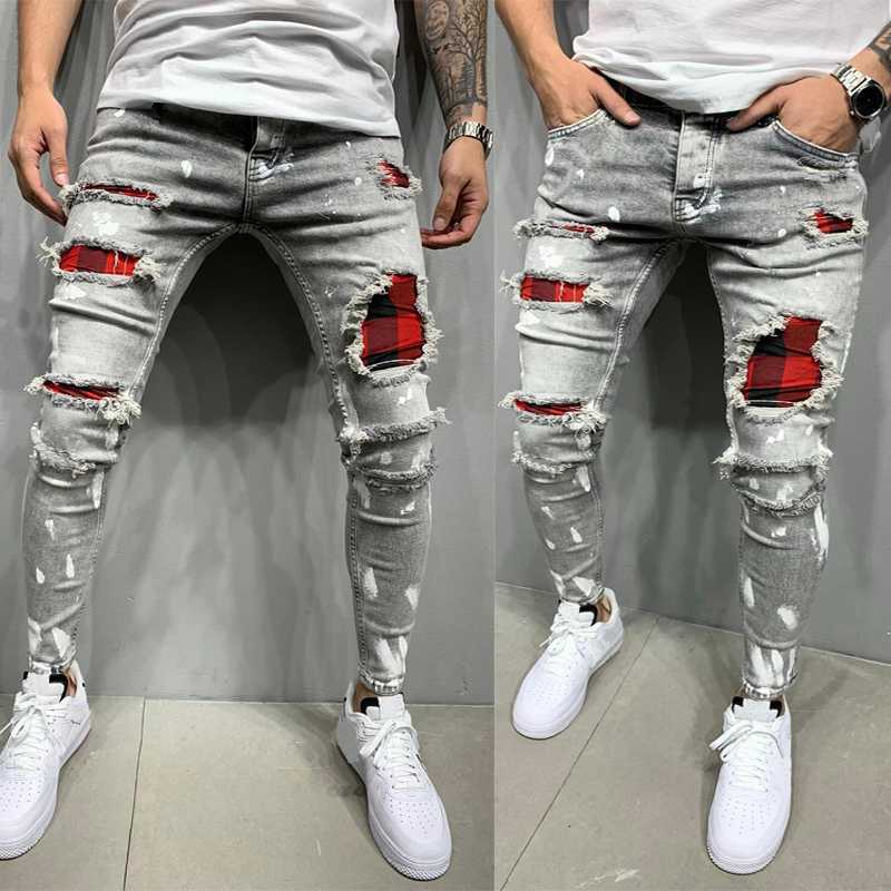 Men Ripped Jeans Patchwork Skinny Pencil Pants Slim Hole Denim Male Patch Beggar Pants Street Hip Hop Biker Cowboy Clothing 2021 X0621, Black 
Men Ripped Jeans Patchwork Skinny Pencil Pants Slim Hole Denim Male Patch Beggar Pants Street Hip Hop Biker Cowboy Clothing 2021 X0621, Black