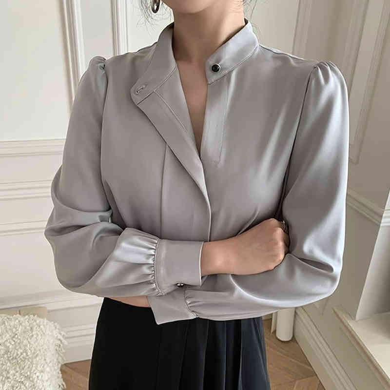 Silk Satin Women Blouse and Tops Office Lady Solid Stand Collar Shirts Plus Size Loose Puff Sleeve Clothing 13221 210508