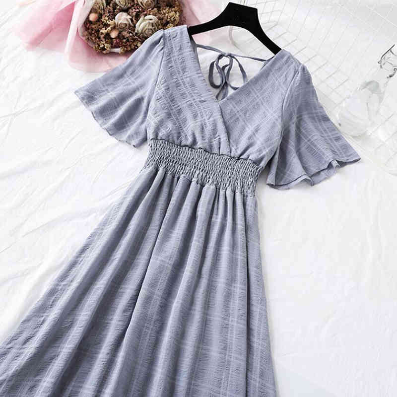 Women Chiffon Dress Summer Short Sleeve V-neck Plaid Mid-calf Dresses Elastic Waist Long Pleated Dress Party Dress 210521