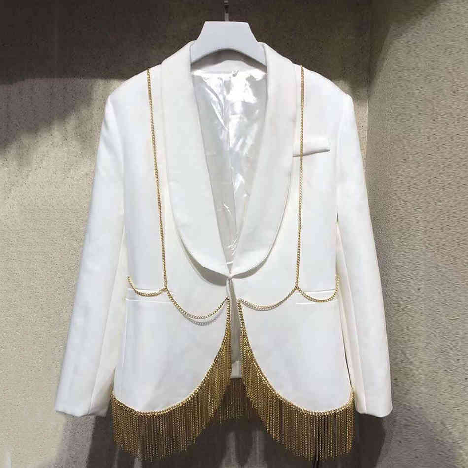 Fall Streetwear Coat Jacket Women's Tassel Chain Short Slim Cardigan Clip White Black V-neck Sexy Party 210525