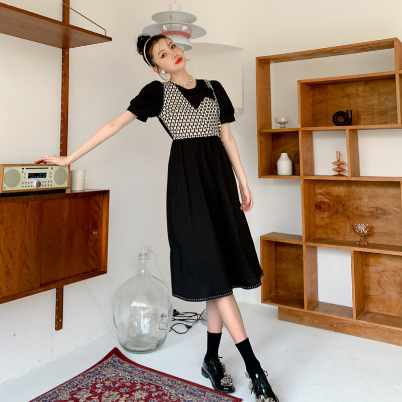 Women Dress O-Neck Puff Sleeve Mid-calf Plaid Temperament Loose Fit Fashion Summer 2H276 210526