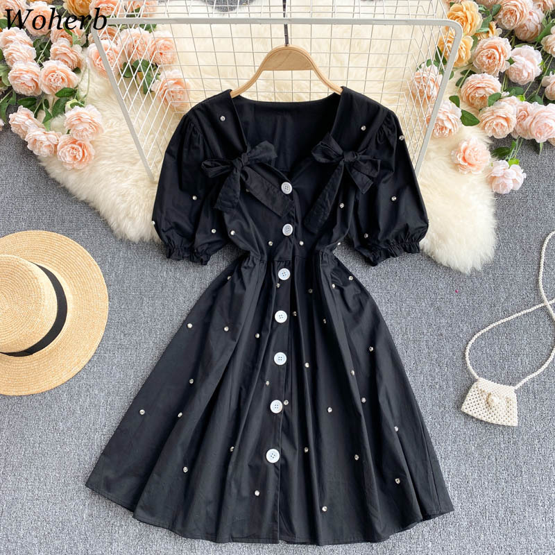 Chic Women Dresses Heavy Diamonds Sweet Vestidos Female Summer Single Breasted Korean Robe Lace Up Bow Slim White Dress 210519
