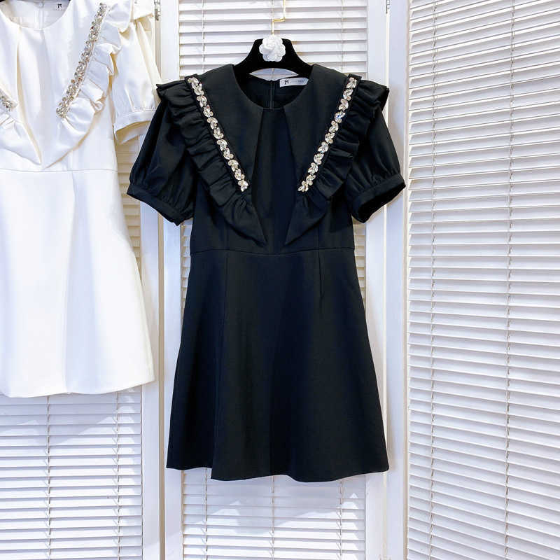 DEAT Women Diamond Ruffles Dress Round Neck Short Sleeve Arrivals Lady Temperament Fashion Spring Summer 11D1733 210709