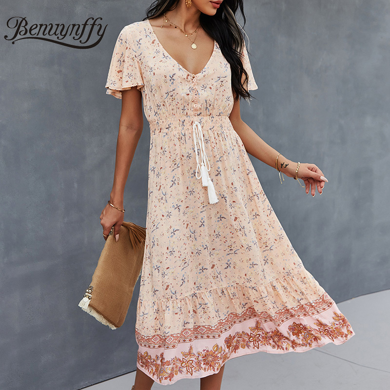 V-neck Short Sleeve Button Detail Bohemian Dresses Women Summer Vacation Casual Tassel Tie Waist Print Long Dress 210510