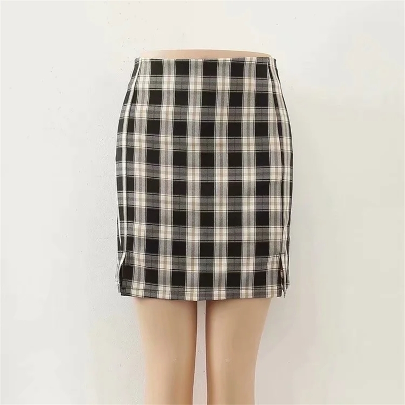 vintage tartan print slit mini skirts womens plaid ladies high waist bodycon sexy purple pencil faldas mujer 210521