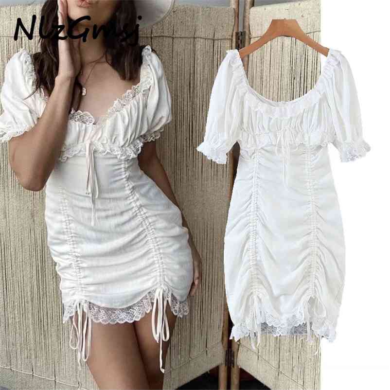 Dres Lace Drawstring Square Collar Summer Short Sleeve Female Folds Temperament Slim Vestidos 210628, As picture
Dres Lace Drawstring Square Collar Summer Short Sleeve Female Folds Temperament Slim Vestidos 210628, As picture