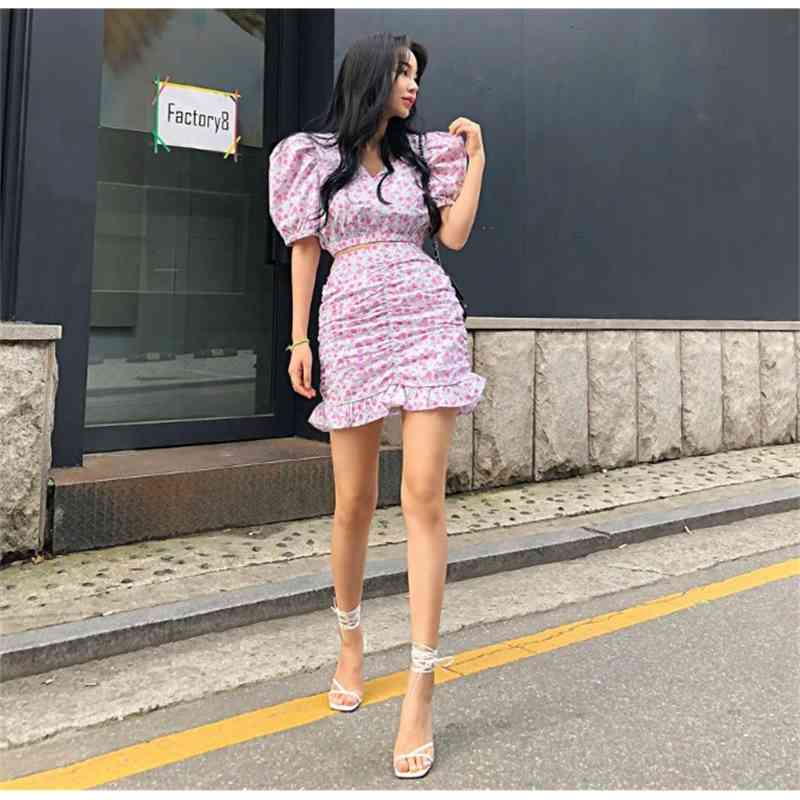 Summer Fashion Sweet Pink Floral print Puff Sleeve Crop Top+High Waist Pack Hip Fishtail Skirt Women's Two Piece Set 210519