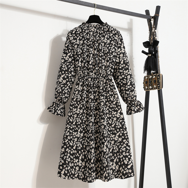 Women's Chiffon Dress Female Vintage Floral Printed Long Sleeve Half Turtleneck Midi Dresses Spring Autumn Flare Sleeve Vestidos 220310