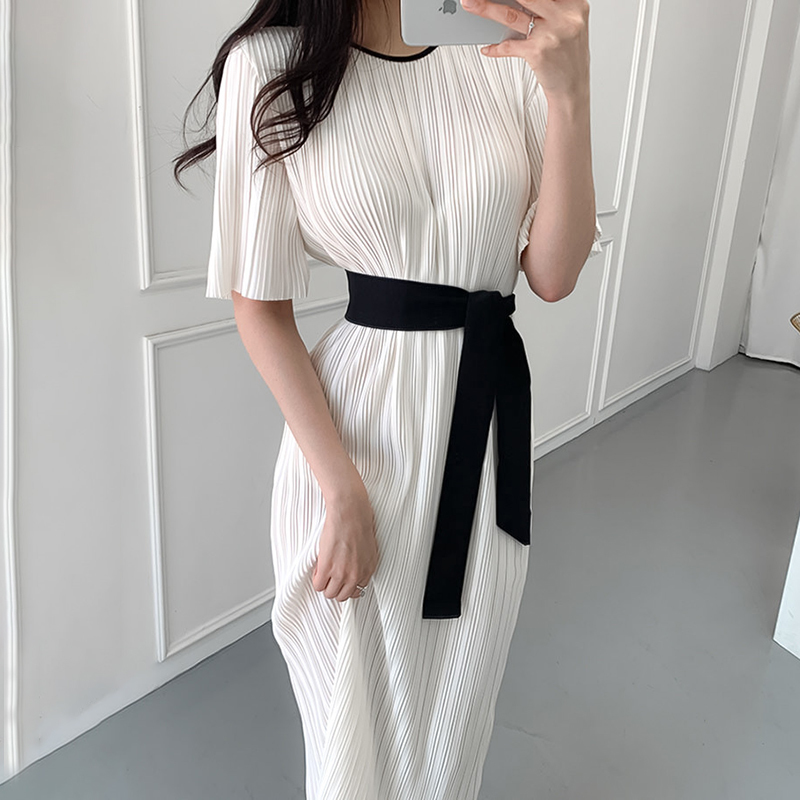 Korean Chic Women Dress Office Ladies Casual Pleated Short Sleeve Dresses Bandage Lacing Bow OL Vestidos Femme Elegante 210506
