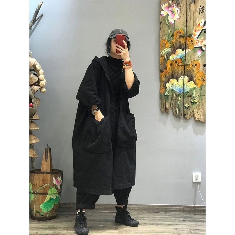 Autumn Korea Fashion Women Loose Hooded Trench Coat All-matched Casual Single Breasted Long Femme M593 210512