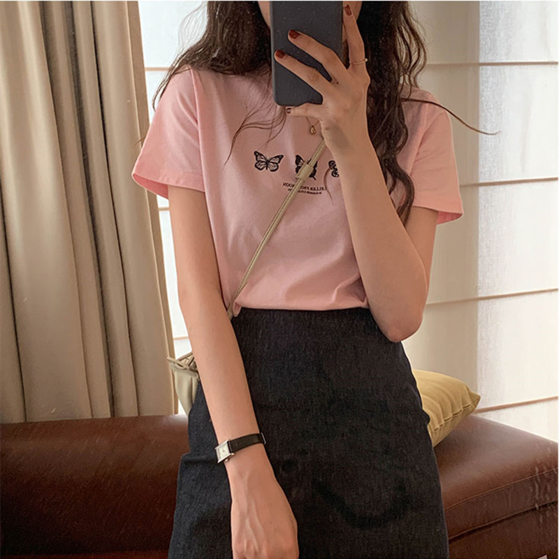 4colors summer korean style Butterfly print Slim short sleeve crop top for womens t-shirts womens tee shirt femme (X1822) 210423