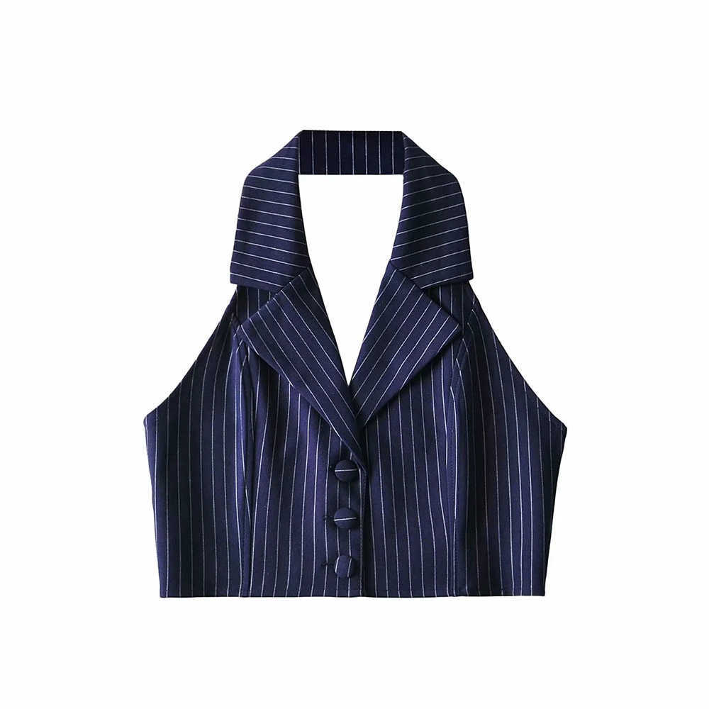 Summer Latest French Retro Striped Lapel Short Vest Female Sleeveless Sexy Backless Slim Short Top Single Breasted Suit Vest 210910