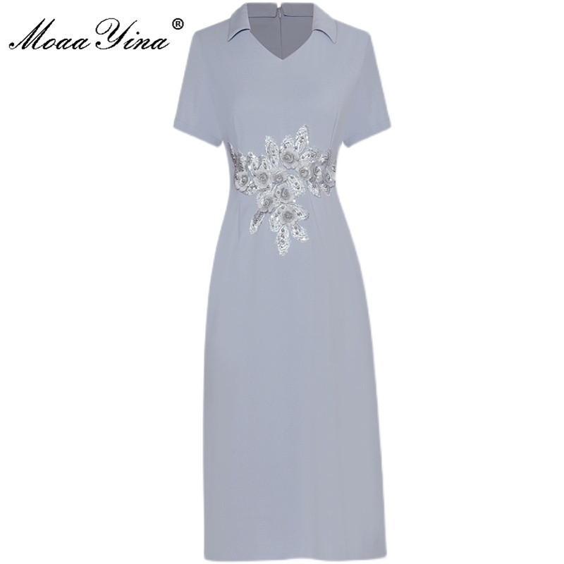 Fashion Designer Summer Dress Women V-neck Short sleeve Applique Embroidery Ladies High street Elegant Midi 210524, Blue
Fashion Designer Summer Dress Women V-neck Short sleeve Applique Embroidery Ladies High street Elegant Midi 210524, Blue