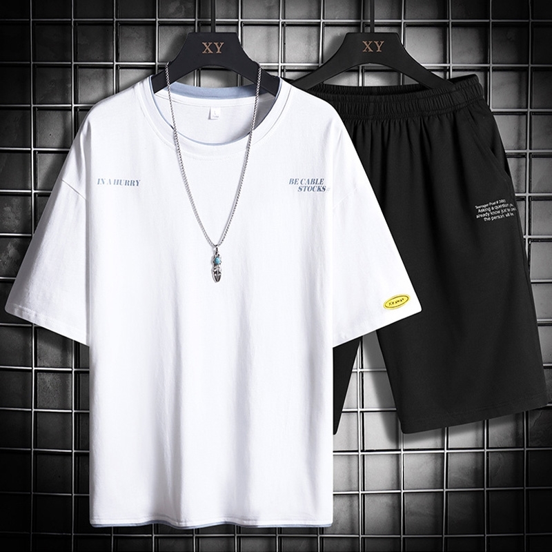 Men's Tracksuit Sets Summer Print Harajuku Solid Short T -Shirts+Shorts Fashion Sports Suit Male Streetwear 2 Piece Outfit 210603
