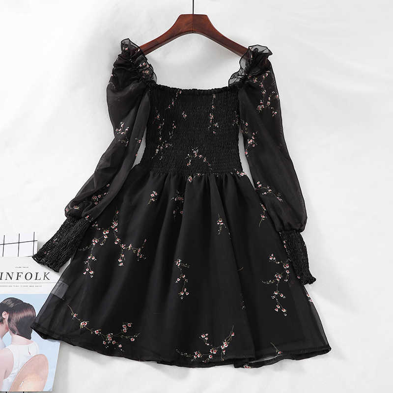 Woherb Summer Womens Black Dress Vintage Flower Long Puff Sleeve Chiffon Dresses Korean Casual Mini Vestidos Mujer 21593 210630
