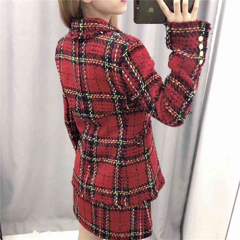 Vintage Women Red Plaid Coats Fashion Ladies Woolen Double Breasted Jackets Elegant Female Chic Notched Collar Blazers 210430