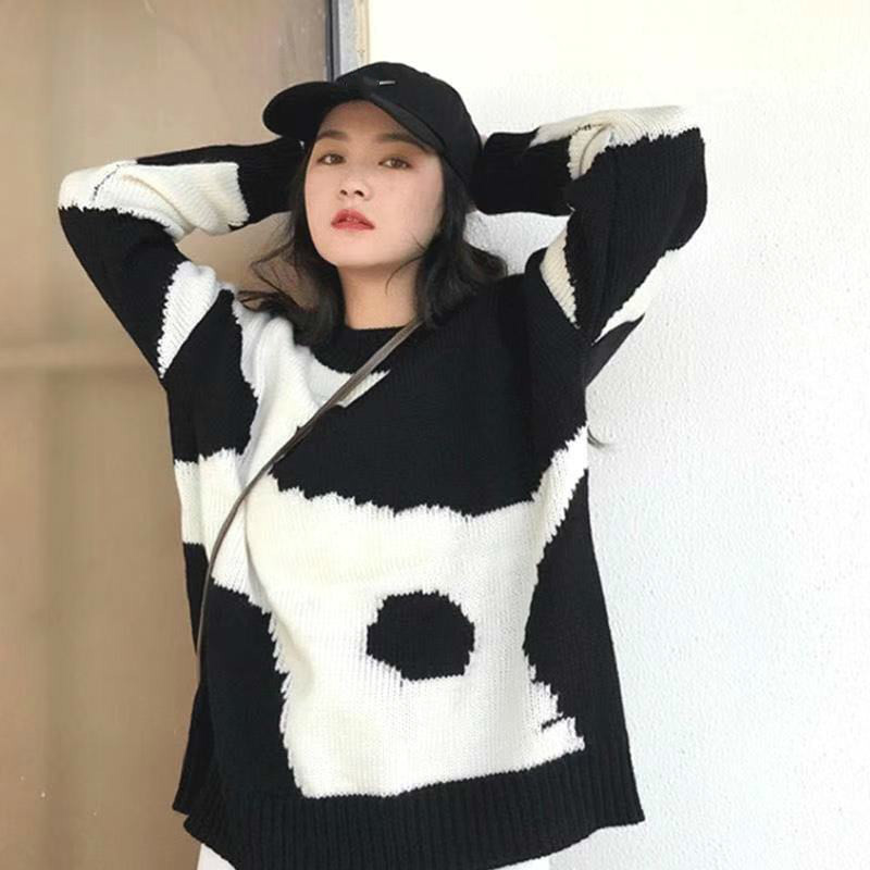 Sweaters Women Harajuku Knitted Korean Style Streetwear Milk Cow Pullover Printed All-match Loose Modis 210422