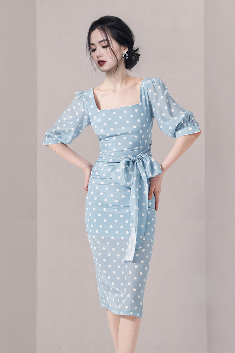 Temperament Elegant Square Collar Puff Sleeve Ploka Dot Office OL Slim Pencil Dress Bodycon Lace Up Party Vestidos 210519