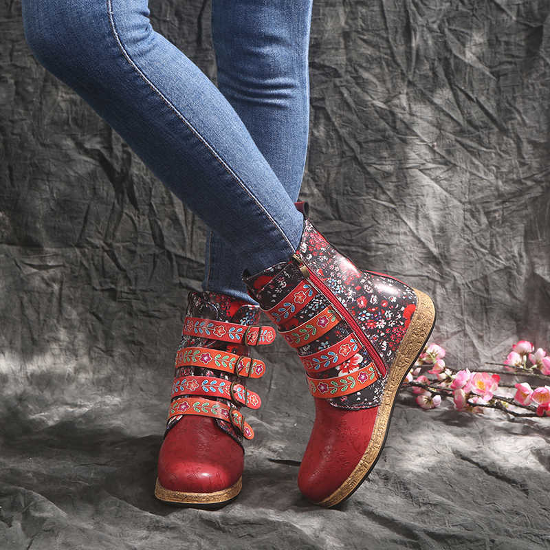 Socofy Women Boots Retro Printed Metal Buckle Soft Leather Zipper Ankle Boots Ladies Shoes Women Botines Mujer 211021