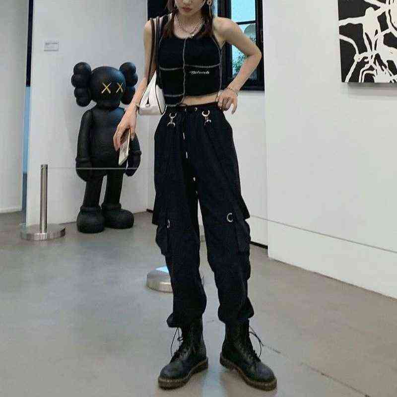 QWEEK Gothic Cargo Pant Harajuku Black High Waisted Hippie Streetwear Kpop Oversize Mall Goth Trousers For Female 211124Z