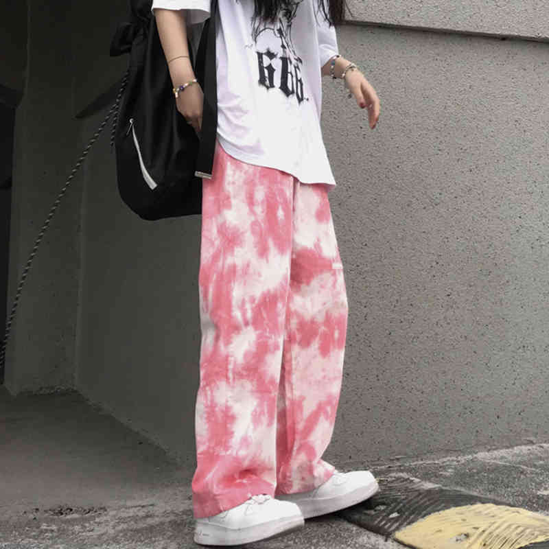 Trendy Tie Dye Pants Women's Spring Drawstring Sports Loose High Waist Printed Wide Leg Female 5B354 210427