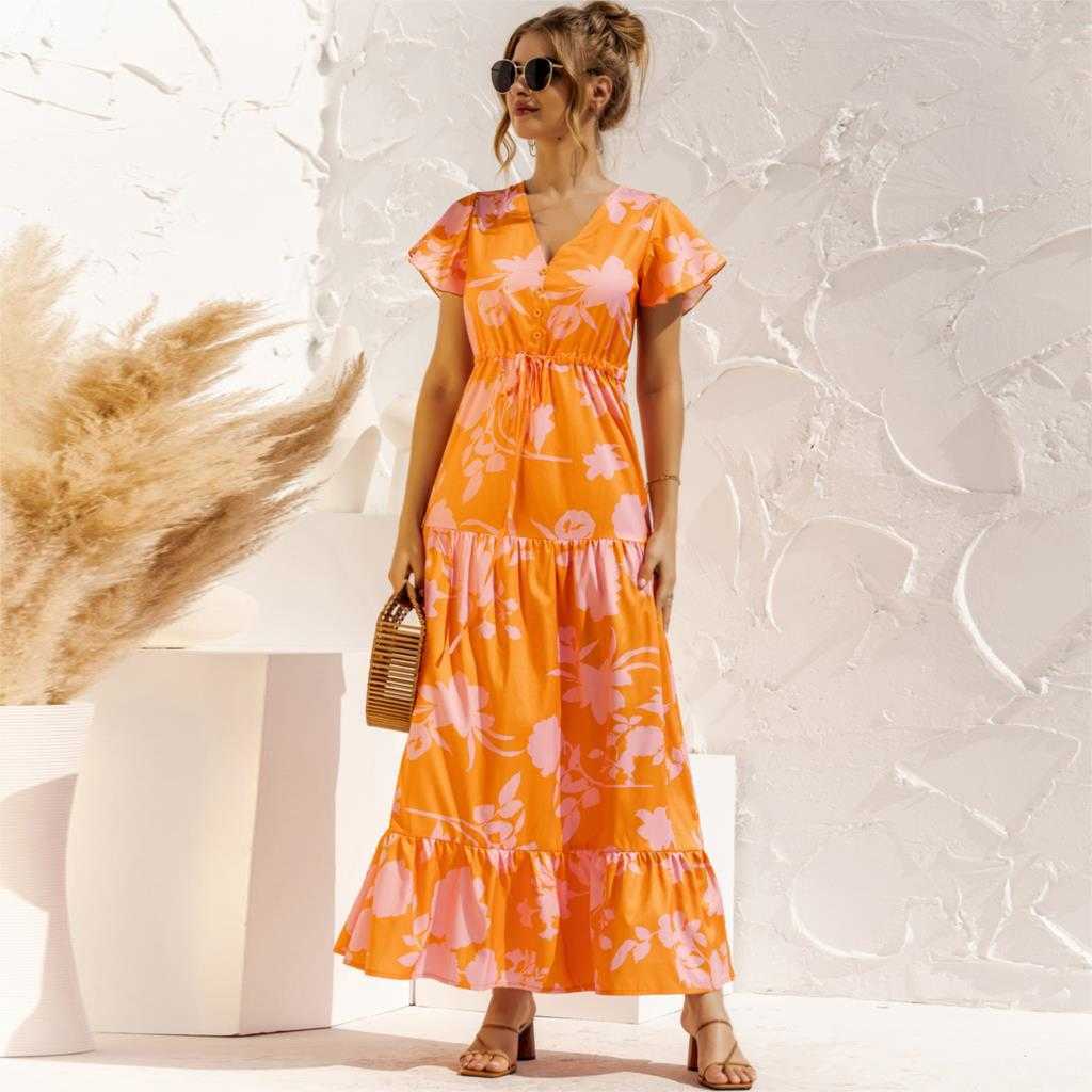 Boho Summer Dress Ladies V-neck Floral Print Button Lace Up Maxi Dresses For Women Sexy Short Sleeve Ruffles Party Robe 210526