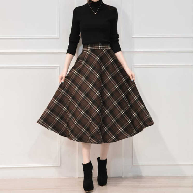 Neophil England Style Red Plaid High Waist Midi Skirts Woolen Plus Size 3XL A Line Pleated Winter Women Tartan S1735 210621