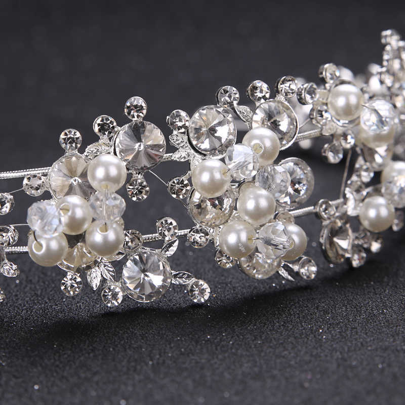 Crystal Pearl Flower Bride Headbands Women Silver Color Princess Wedding Hair Jewelry Tiara bands Accessories Crown 210707