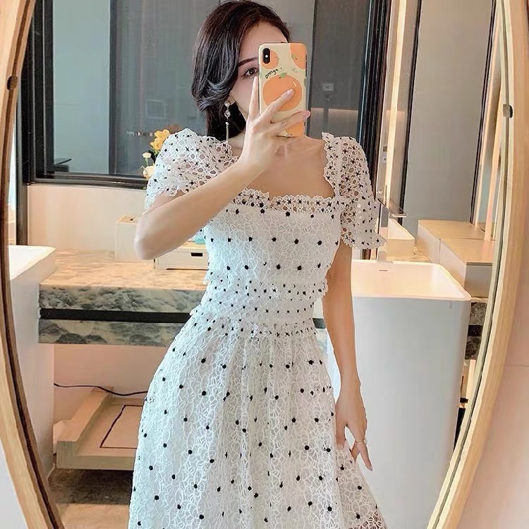 vintage victorian white polka dot A-line square collar retro midi dress women party daily robe dresses fashion chic 210421
