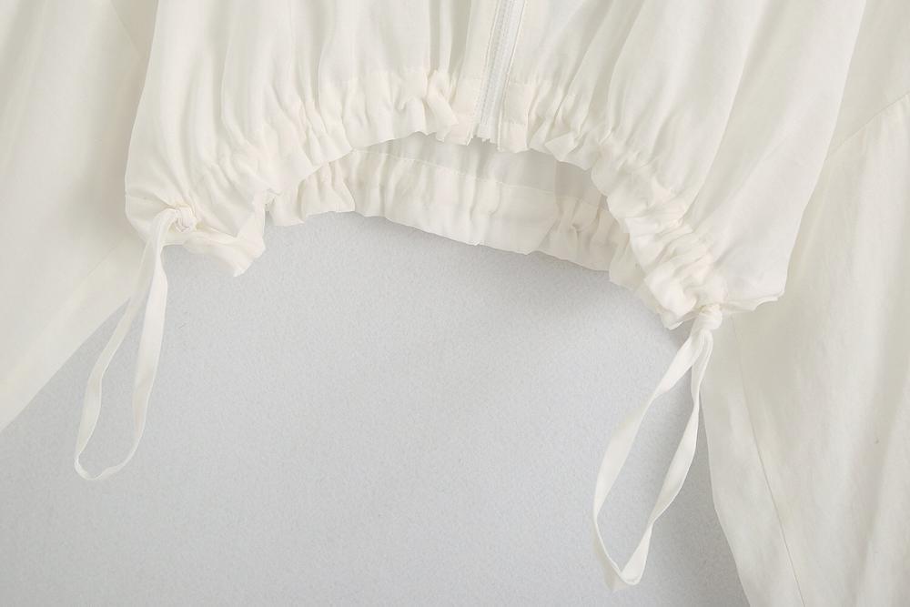 Stand Ruffles collar White Short Jacket Retro Women Bat Long Sleeve Adjust Rope Elastic Hem High Waist Jackets Casual Tops 210429