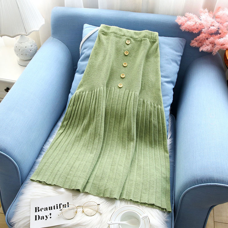 Nomikuma Women Knitted Skirts Autumn Winter Korean Buttons Pleated A-line Sweater Skirt New Elegant Faldas Mujer 6D217 210427