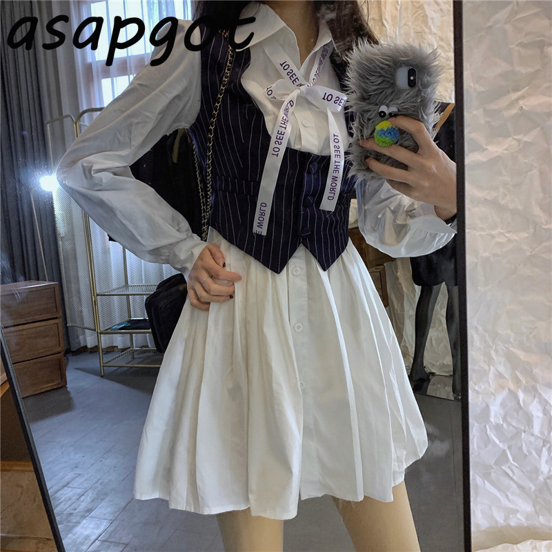Chic Casual White Bow Puff Long Sleeve Turn Down Collar Shirt Dress Mini with Blazer Vest Vintage Fashion 2piece Set Korean Wild 210429