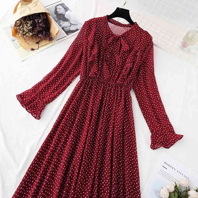 Spring Long-sleeved Office Ladies Casual Chiffon Dress Elastic Waist O-neck Polka Dot Print Female Mid-calf Vestidos 210521