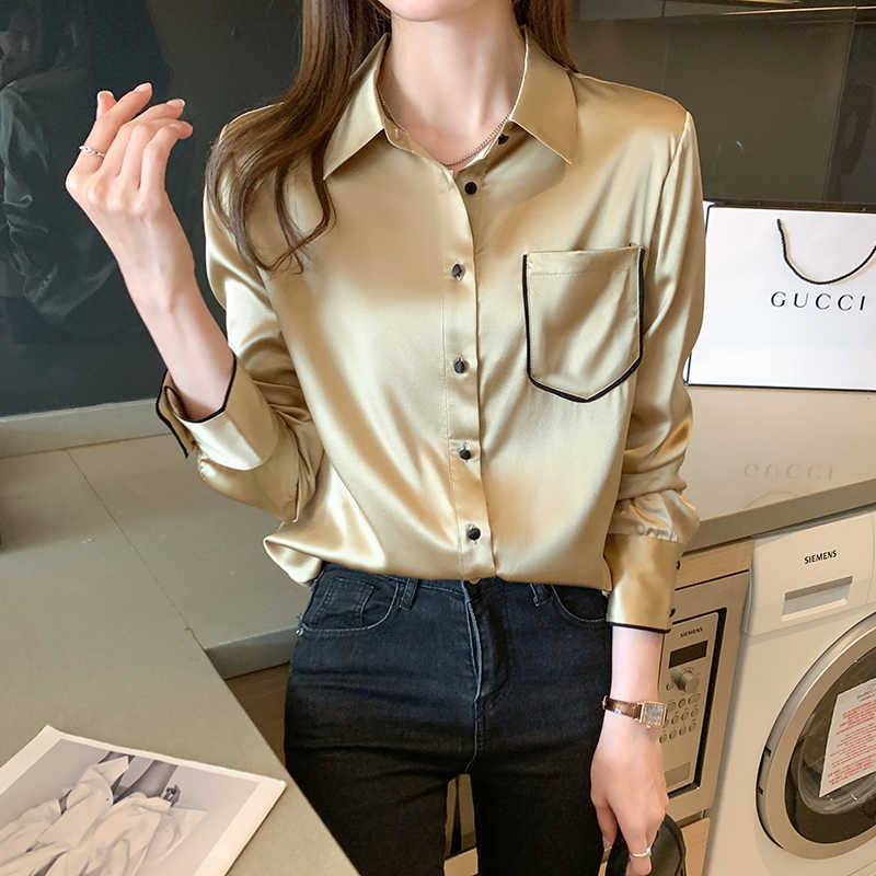 OL Style Ladies Satin Shirt Women Long Sleeve Single-breasted Button Blouse Plus Size Tops Chic Workwear Top 210601
